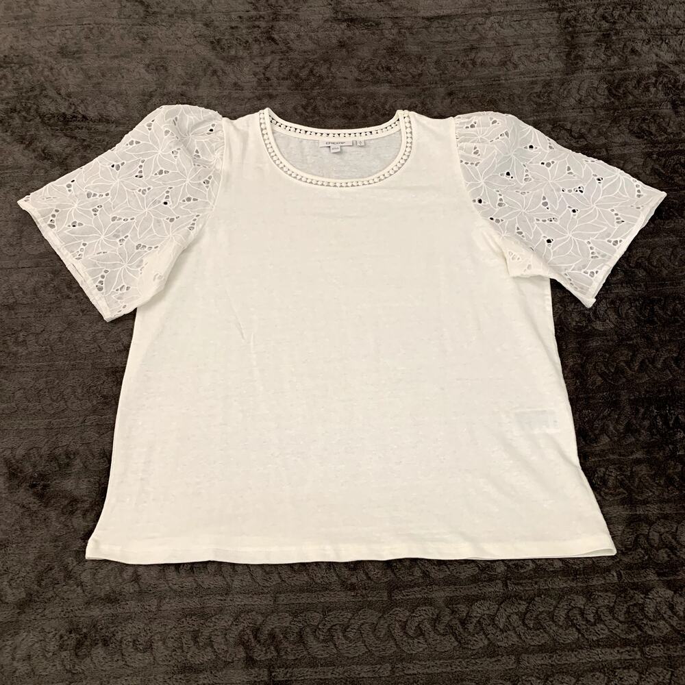 Chicos White Linen Eyelit Fabric Sleeve T Shirt Size L